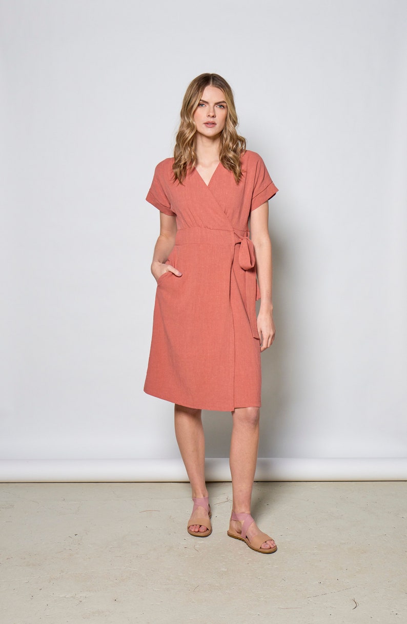 Linen wrap dress with pockets and bel in coral/ Maura dress Coral