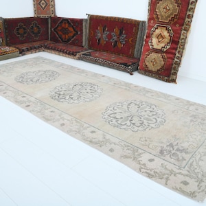 Long Vintage Runner Rug, Turkish Runner 4x11, Handmade Wool Rug Runner, Oushak Runner,Vintage Rug 4x11,Neutral Runner,Faded Runner Rug,194