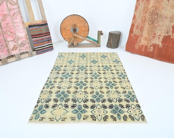 Turks tapijt van 4 x 6, oushak-tapijt, neutraal vintage tapijt, Turks tapijt, wollen tapijt 4 x 6, gedempt tapijt, handgemaakt tapijt, zacht tapijt, tapijt van 4 x 6, Turks, tapijt, 1017