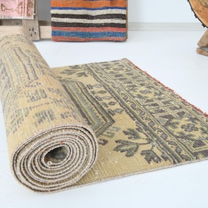 2x12,turkish runner rug, soft runner, vintage rug runner,oushak runner,muted rug,2x12 rug,handmade wool runner,turkish carpet,oushak rug,660
