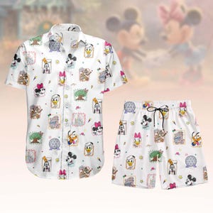 Disney Button Shirt Shorts, Mickey Minnie Button Shirt, Donald Goofy Hawaii Shorts, Cartoon Hawaiian Shirt, Holiday Gift