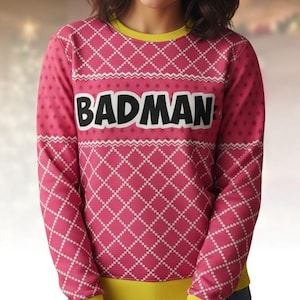 Bold Hero Ugly Christmas Sweater, Comic Style Xmas Sweater, Superhero Ugly Sweater, Pink Graphic Sweater, Christmas Gift