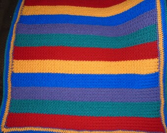 Baby Afghan, Striped, Yellow, Blue, Red, Green, Purple, 30"x30"