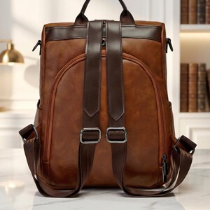Vintage Faux Leather Backpack with Anti-Theft Pocket, Convertible Shoulder Bag Vintage Two-tone Backpack - Convertible Vegan Leather School  main image 3