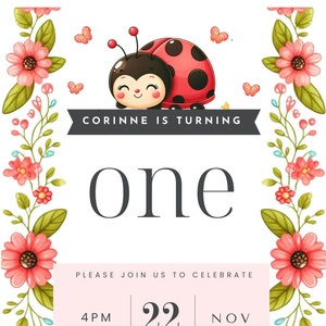 Invito digitale di compleanno a forma di coccinella, invito a forma di coccinella, invito per il primo compleanno a tema insetti, download immediato di biglietti di compleanno personalizzati Canva