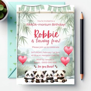 Invitación de cumpleaños de panda, plantilla editable para fiesta de oso panda, invitación digital de cumpleaños para niños de cualquier edad de Pandamonium, Panda