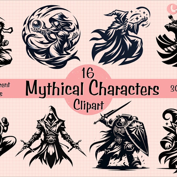 Mythical Characters Clipart Bundle, RPG Logo, Monochromatic PNG, Goodnotes, Sublimation Clipart Designs, Digital Download, Commercial Use