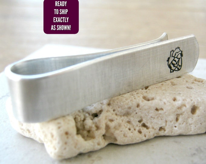 Love You Valentine/'s Day Gift READY TO SHIP as is Skinny tie clip boyfriend gift Anatomical Heart Tie Bar skinny tie bar Mens Tie Bar