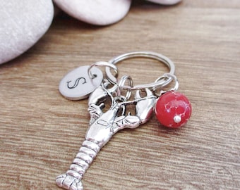 Personalized Lobster Keychain with 10mm red regalite jasper bead or your choice, initial disc, nautical stocking stuffer, lobster lover gift