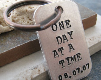 One Day At A Time Keychain with personalized date, antique copper split ring, sobriety, recovery, optional initial disc, sobriety keychain