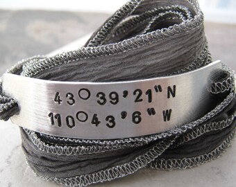 Latitude Longitude Bracelet, GPS Bracelet, Coordinates Bracelet, Lat Long Bracelet, Ribbon Wrap, Honeymoon bracelet, wedding locale wrap