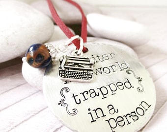 Writer's Ornament, A Writer is a World Trapped in a Person, Writing quote, Author quote, Novelist gift, Author gift, typewriter charm