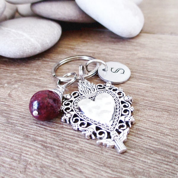 Sacred Heart Keychain, 12mm burgundy agate bead or your choice, initial disc holds 4 letters, gothic heart, ex voto heart, valentine's day