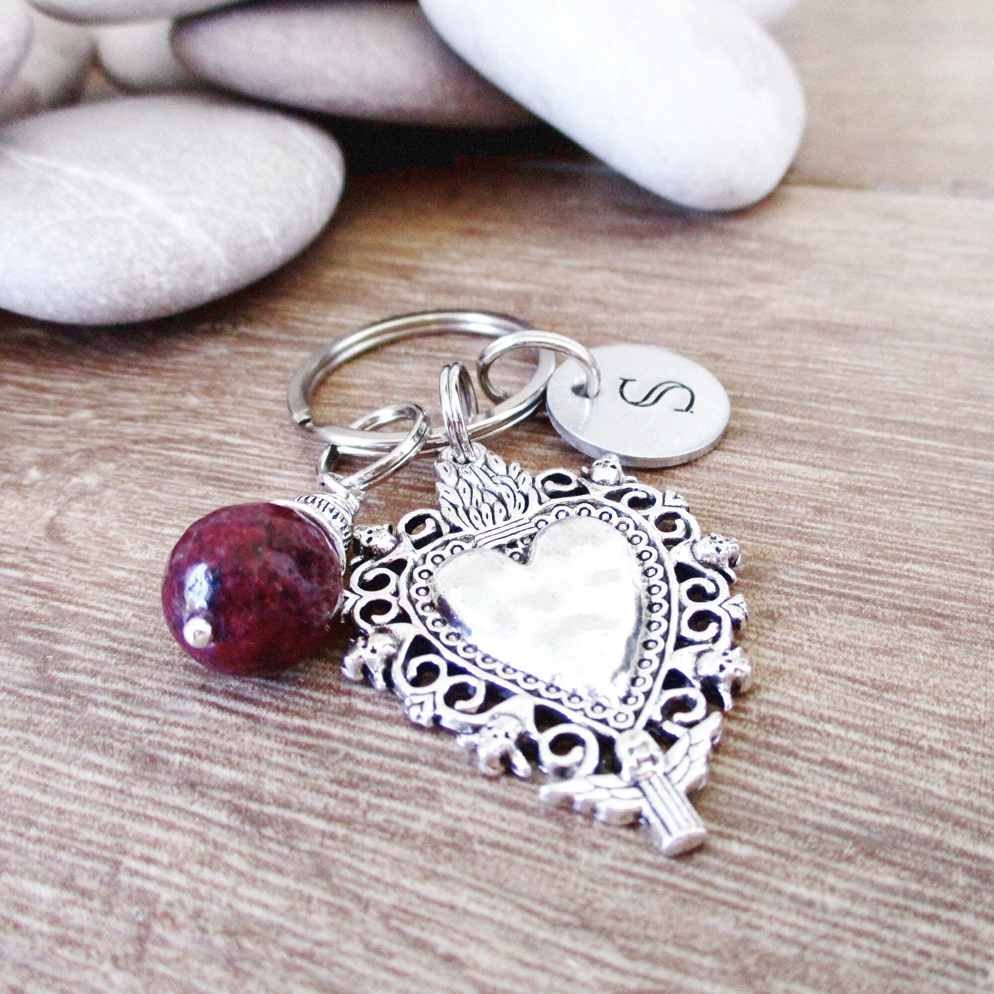 Sacred Key Chain Sacred Heart Keychain, 12mm Burgundy Agate Bead or Your Choice, Initial ...