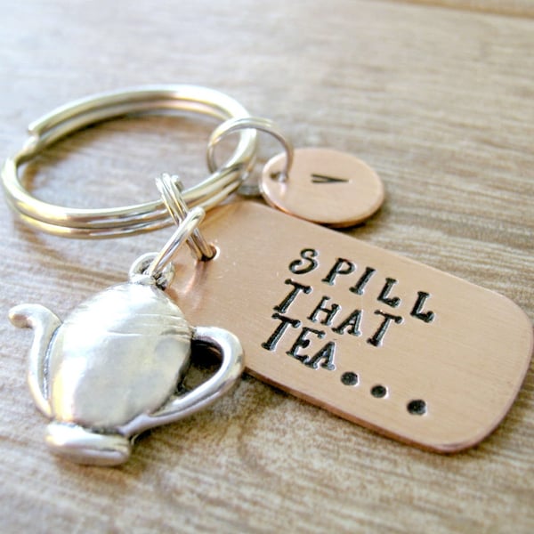 Spill that Tea Keychain with teapot charm, optional initial disc, Love to Gossip keychain, Talking Smack, Spreading Rumors