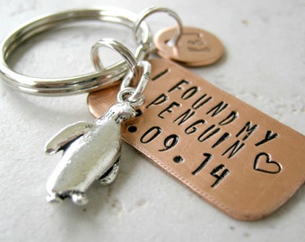 Personalized I Found My Penguin keychain, anniversary date, optional initial disc, anniversary gift, engagement gift, wedding gift, see pics