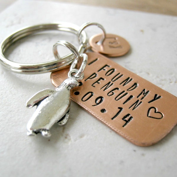 Personalized I Found My Penguin keychain, anniversary date, optional initial disc, anniversary gift, engagement gift, wedding gift, see pics