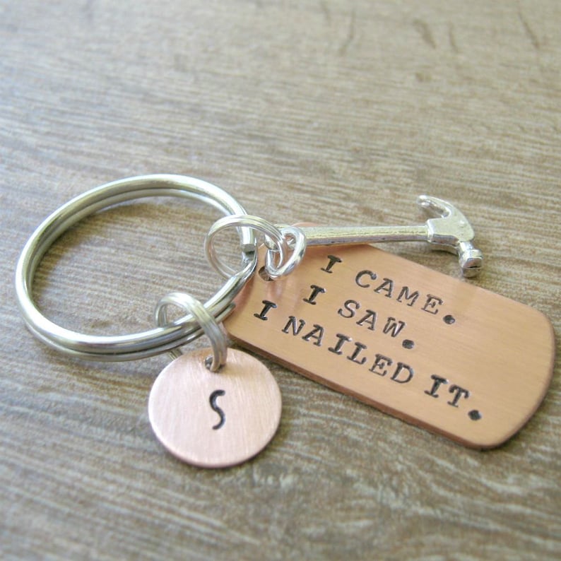 Nailed It Keychain, hammer charm, I Came I Saw I Nailed It, carpenter gift, builder gift, handy man gift, optional initial disc image 1