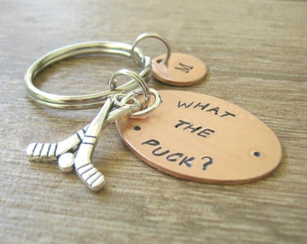 What the Puck Hockey Keychain copper, hockey sticks charm, hockey keychain,  hockey fan gift, hockey humor, optional initial disc