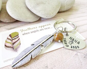 Personalized Memorial Key Chain, Feathers Appear When Angels Are Near feather keychain with gift card, personalize name on heart, 7 letters