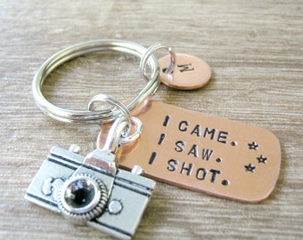 Photographer Keychain, camera charm, I Came.  I Saw.  I Shot, photography keychain, wedding photographer gift, optional initial disc