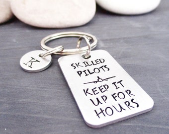 Personalized Pilot Humor Keychain, Pilots Can Keep It up for Hours, gag gift, flying humor, airplane key ring, optional initial disc