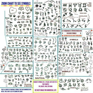 K&ouml;nnte beinhalten: Eine Tabelle mit stempelbaren Symbolen f&uuml;r Metall, darunter Herzen, Pfeile, Tierkreiszeichen und nautische Elemente. Die Tabelle ist nach Kategorien wie Herzen, Pfeile, Fahrzeuge, Himmelsk&ouml;rper und Wetter geordnet. Der Text lautet "Zoom Chart to See Symbols."