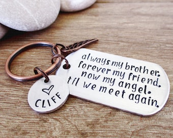 Memorial Quote keychain with name disc and angel wing charm, Always my brother (or any family member, friend) remembrance gift,  grieving
