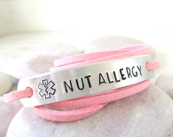 Nut Allergy Wrap Bracelet, Medical Alert Bracelet, allergic to Nuts, med alert, CUSTOMIZE with 12 letters, vegan option with faux suede cord