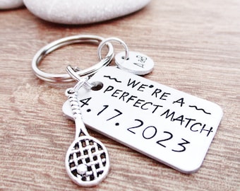 Tennis Couples Keychain with anniversary date, optional initial disc, racquet charm included, anniversary gift, perfect match tennis keyfob