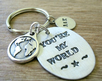 You're My World Keychain, Earth charm, boyfriend gift, valentines day gift, couples gift, anniversary gift, personalized initial disc