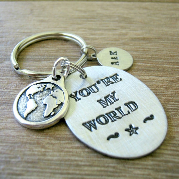 You're My World Keychain, Earth charm, boyfriend gift, valentines day gift, couples gift, anniversary gift, personalized initial disc