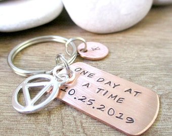 Sobriety Symbol Keychain, One Day At a Time, add sober date, recovery keychain, motivational gift, sober birthday, sobriety keychain