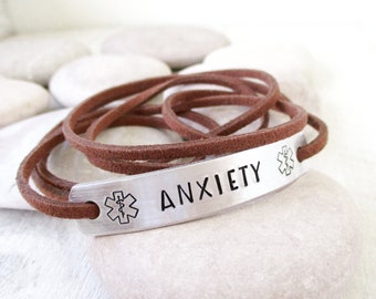 Anxiety Wrap Bracelet, Medical Alert Bracelet, Anxiety Bracelet, med alert, can be CUSTOMIZED with 12 letters, vegan options, panic disorder