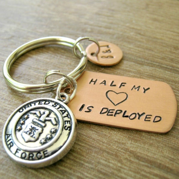 Air Force Keychain, Half My Heart is Deployed, Airman's wife, Airman's husband, deployment keychain, military charm, optional initial disc