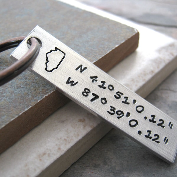 Latitude Longitude Keychain, state stamp, choose coordinates, gps coordinates, gps keychain, coordinates keychain, location keychain