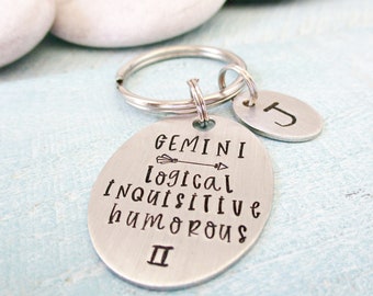 Personalized Gemini Key chain, Gemini symbol keychain, Gemini Gift, Gemini Traits, Gemini Horoscope, Zodiac, Gemini sign, optional initial