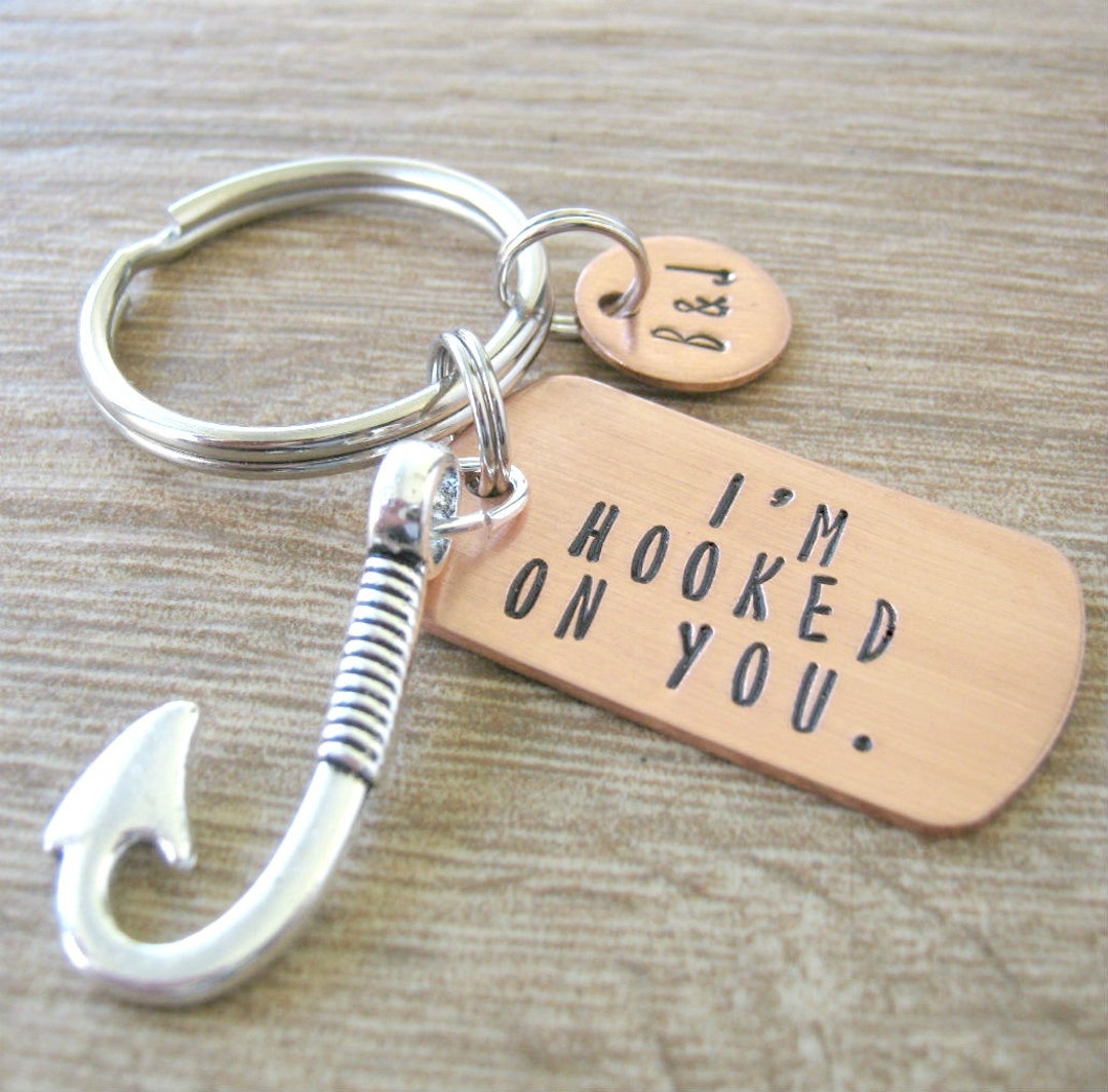 I'm Hooked on You Keychain With Fish Hook Charm, Fishing Keychain