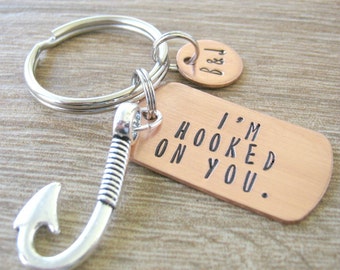 I'm Hooked On You Keychain with Fish Hook Charm, Fishing Keychain, fisherman gift, fish keychain, loves to fish, optional initial disc