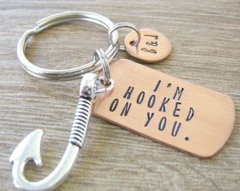 I'm Hooked On You Keychain with Fish Hook Charm, Fishing Keychain, fisherman gift, fish keychain, loves to fish, optional initial disc
