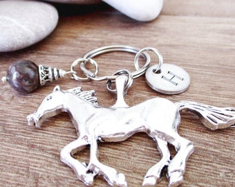 Personalized Horse Keychain with 12mm brown agate bead or your choice, initial disc, horse rider gift, horse riding, rancher gift, stables