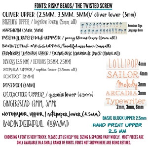 May include: A chart of different font styles and sizes for use in crafting. The chart includes font names like Oliver, Bigelow, Margarita, Peony Blooms, Beautiful Mess, Farmhouse Lemonade, Devious, Sophia, Foxtrot, Roseroot, Quixotic, Gingerbread, Notepaper, and Wonderful. The chart also includes font sizes in millimeters, such as 2.5mm, 3.5mm, 5mm, 4mm, 3mm, 2mm, 6mm, and 12mm. The chart also includes a note that says "Choosing a font is very tricky. Please let us help you. Sizing & spacing vary widely. Most pieces are only available in a small range of fonts. Fonts not shown here are being retired."