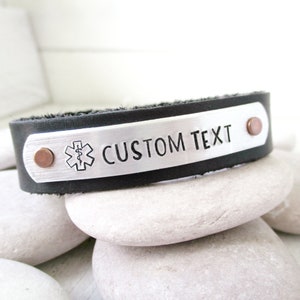 Custom Medical Alert Bracelet, black or brown leather snap cuff, fits wrists up to 7.75", holds up to 15 characters including spaces