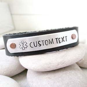 Custom Medical Alert Bracelet, black or brown leather snap cuff, fits wrists up to 7.75&quot;, holds up to 15 characters including spaces