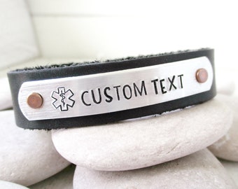 Custom Medical Alert Bracelet, black or brown leather snap cuff, fits wrists up to 7.75", holds up to 15 characters including spaces