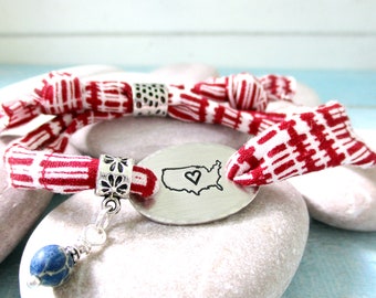 I Love America Bracelet, USA, soft adjustable fabric yarn, united states symbol, patriotism bracelet, Love of Country, 4th of July, american