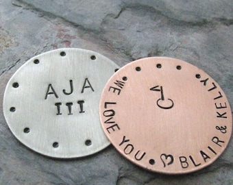 CUALQUIER 2 Marcador de Pelota de Golf Personalizado de Cobre, personalización disponible, elija cobre o plata (alkeme), use nuestros diseños o diseñe los suyos propios