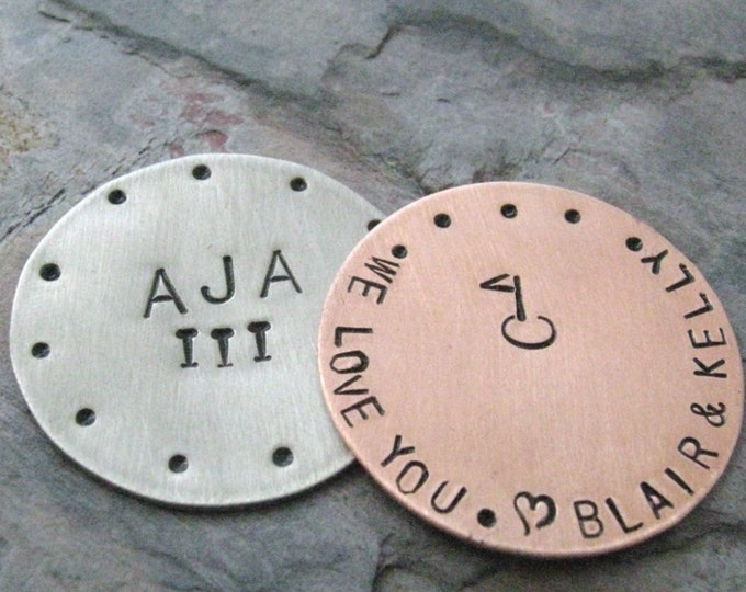 ANY 2 Personalized Golf Ball Marker Copper, customization available, choose copper or silver (alkeme), use our designs or design your own