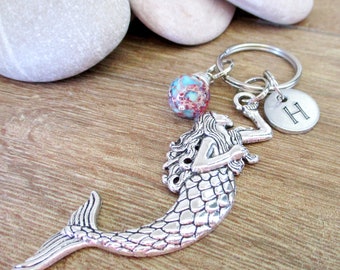 Personalized Mermaid Keychain with 12mm galaxy jasper bead or your choice, initial disc, mythical creature, mermaid lover gift, ocean, sea