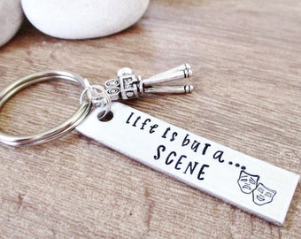 MOVIE CAMERA Keychain, Life is But a Scene, aluminum bar, personalize the back with a name, filmmaker gift, movie buff gift, script writer